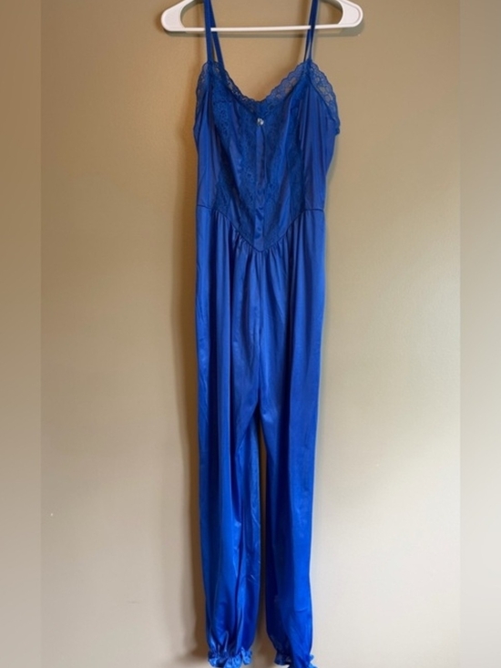 Vintage Pants - Vintage 80s Lady Cameo Royal Blue Nylon Lace Lounge Jumpsuit M